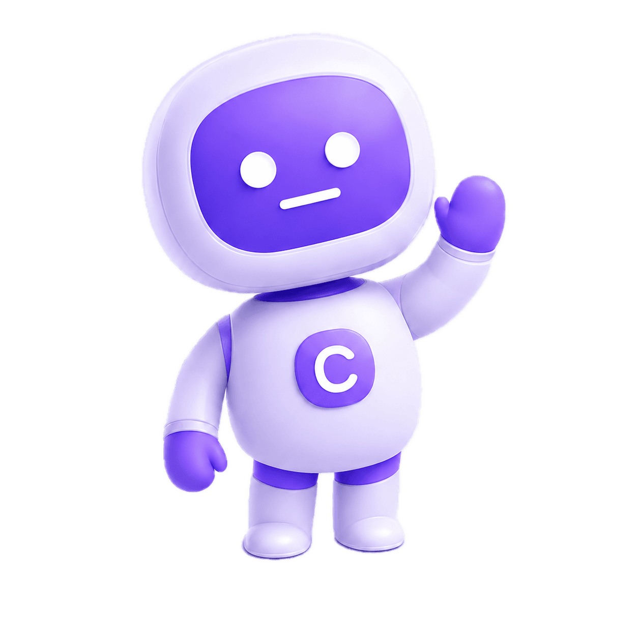 Craftr, the glossy purple and white 3D AI mascot robot, waving with a C badge on its chest