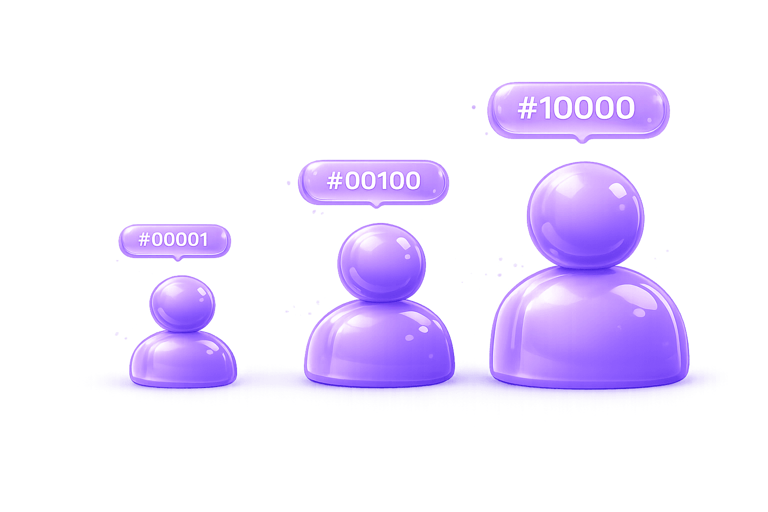 Three glossy founding-member figures growing in size, badged #00001, #00100 and #10000, rising along an exponential growth curve