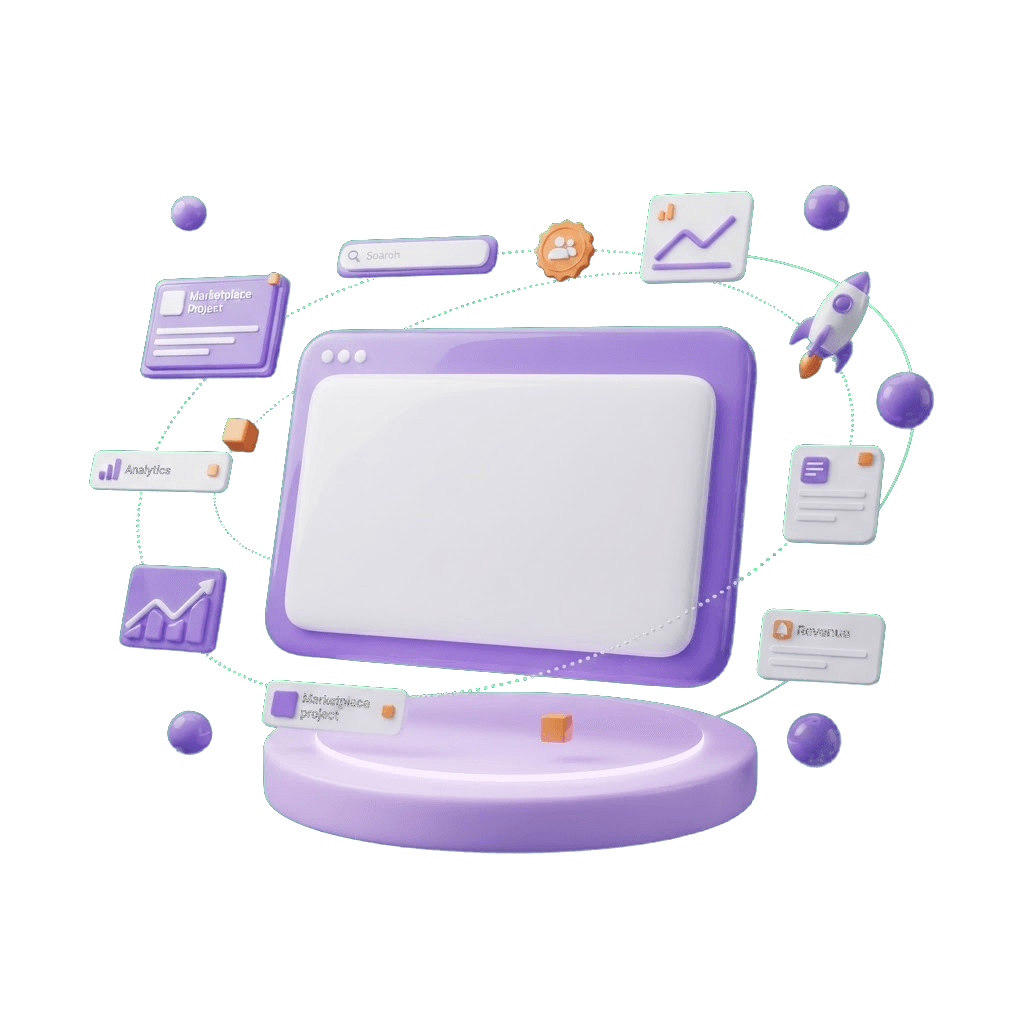 Glossy 3D scene of the complete useEmark ecosystem: a central dashboard on a glowing pedestal connected by orbit lines to marketplace, search, analytics, growth, rocket, revenue and document modules
