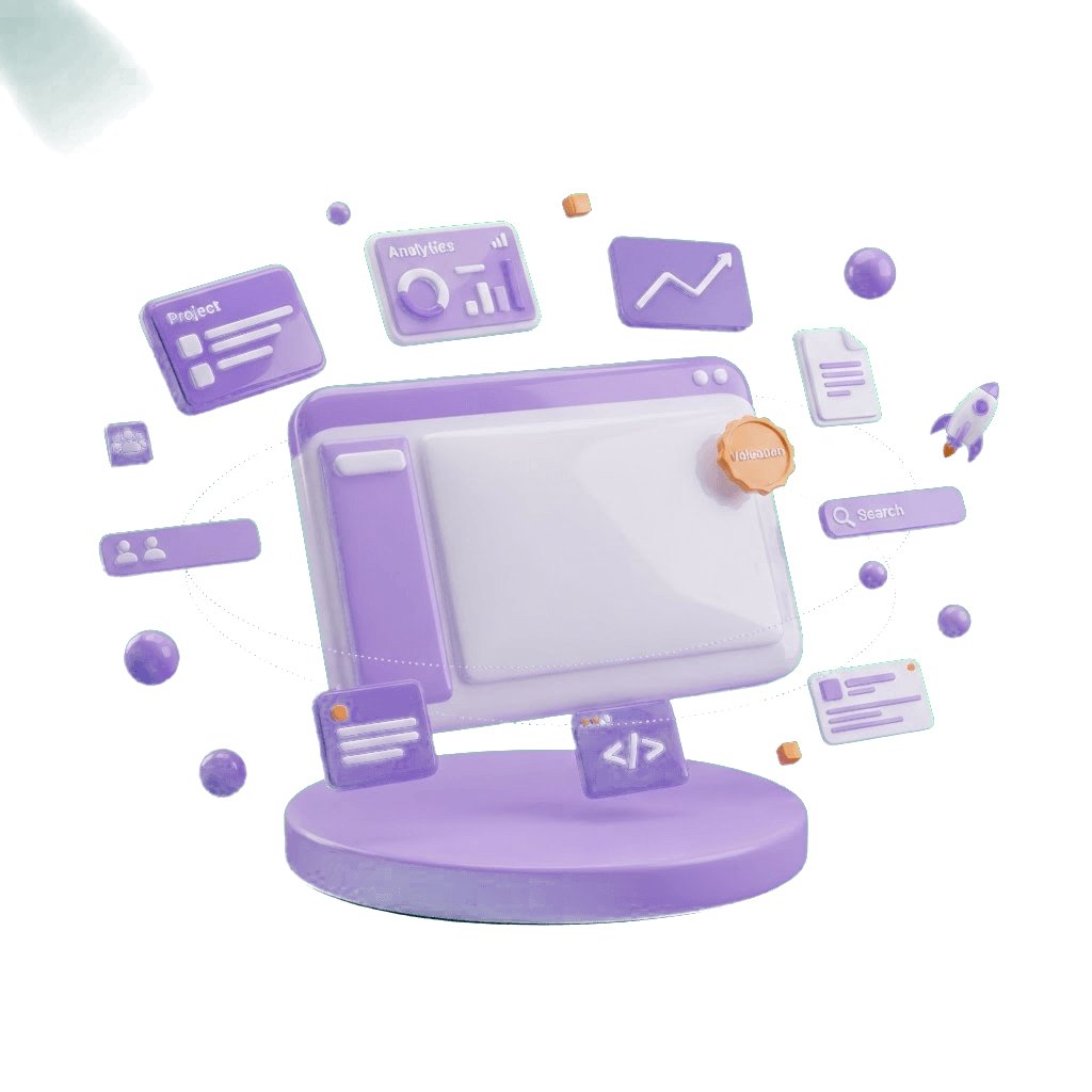 Glossy 3D useEmark platform: a central dashboard on a pedestal surrounded by orbiting project, analytics, search, document, rocket and valuation modules