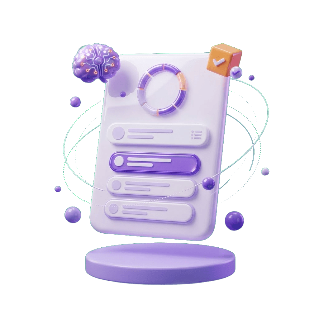 Glossy 3D quiz card with a circular progress ring, answer options, a brain object and a checkmark cube